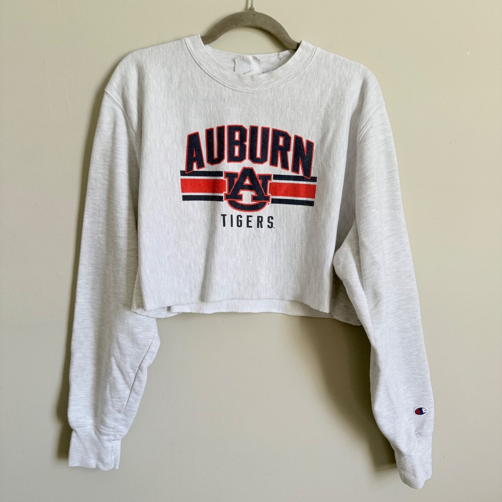 Champion Auburn Tigers Reverse Weave Cropped Sweatshirt Gray Vintage Womens M